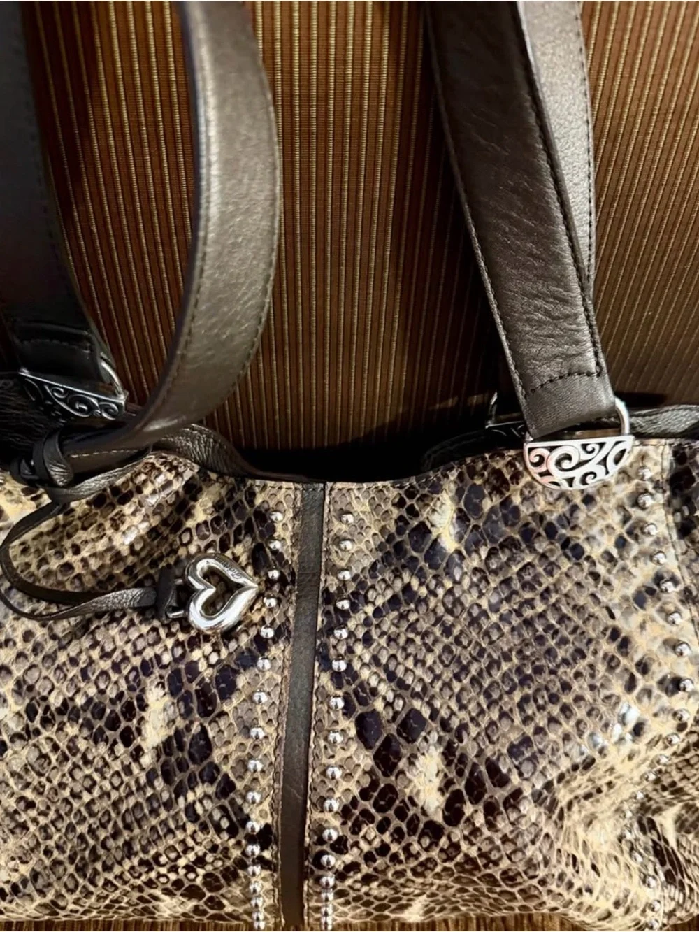 Brighton Black and Beige Python-Print Shoulder Bag